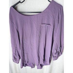 janetchung Blouse Womens XL Purple Roll Tab Sleeve Button Back Tunic Top